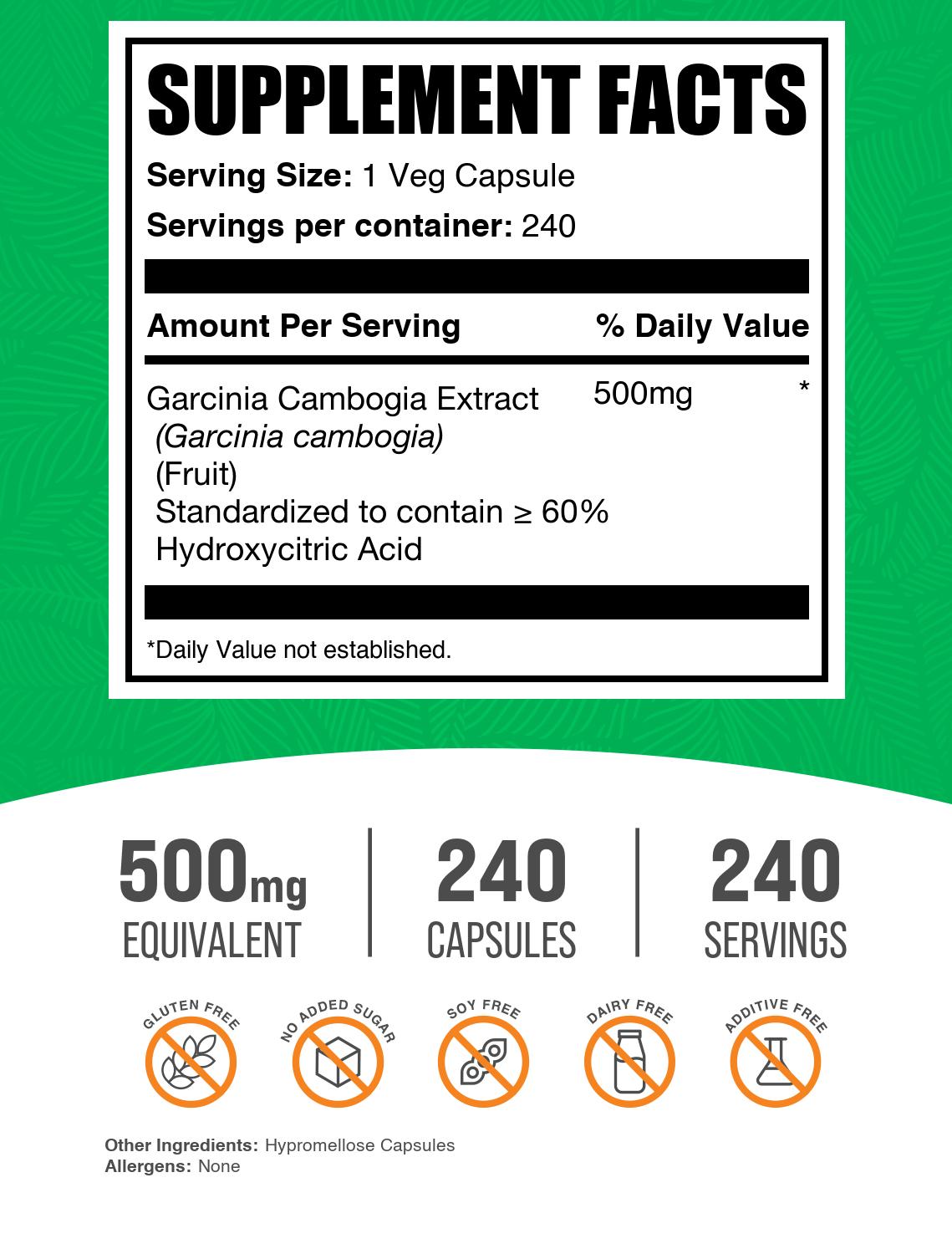 Garcinia Cambogia Extract 60% HCA Capsules 240ct Label