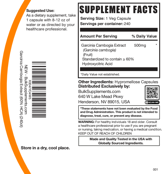 Garcinia Cambogia Extract 60% HCA Capsules 240ct Plain Label