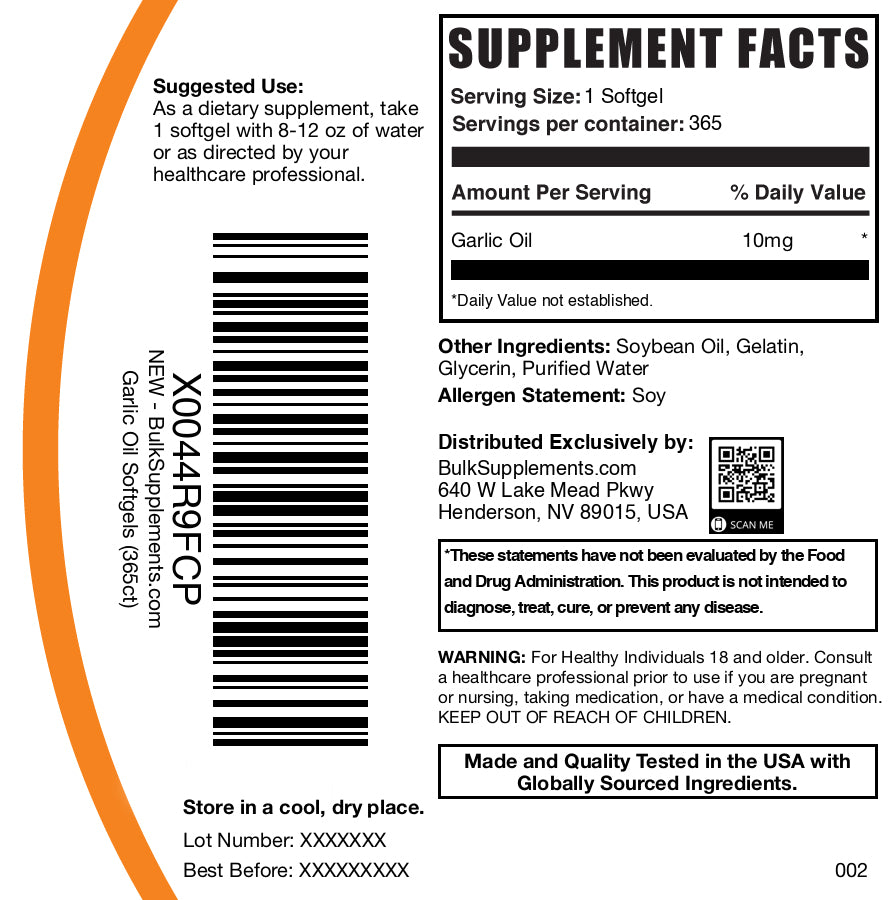 Garlic oil 365 softgels label