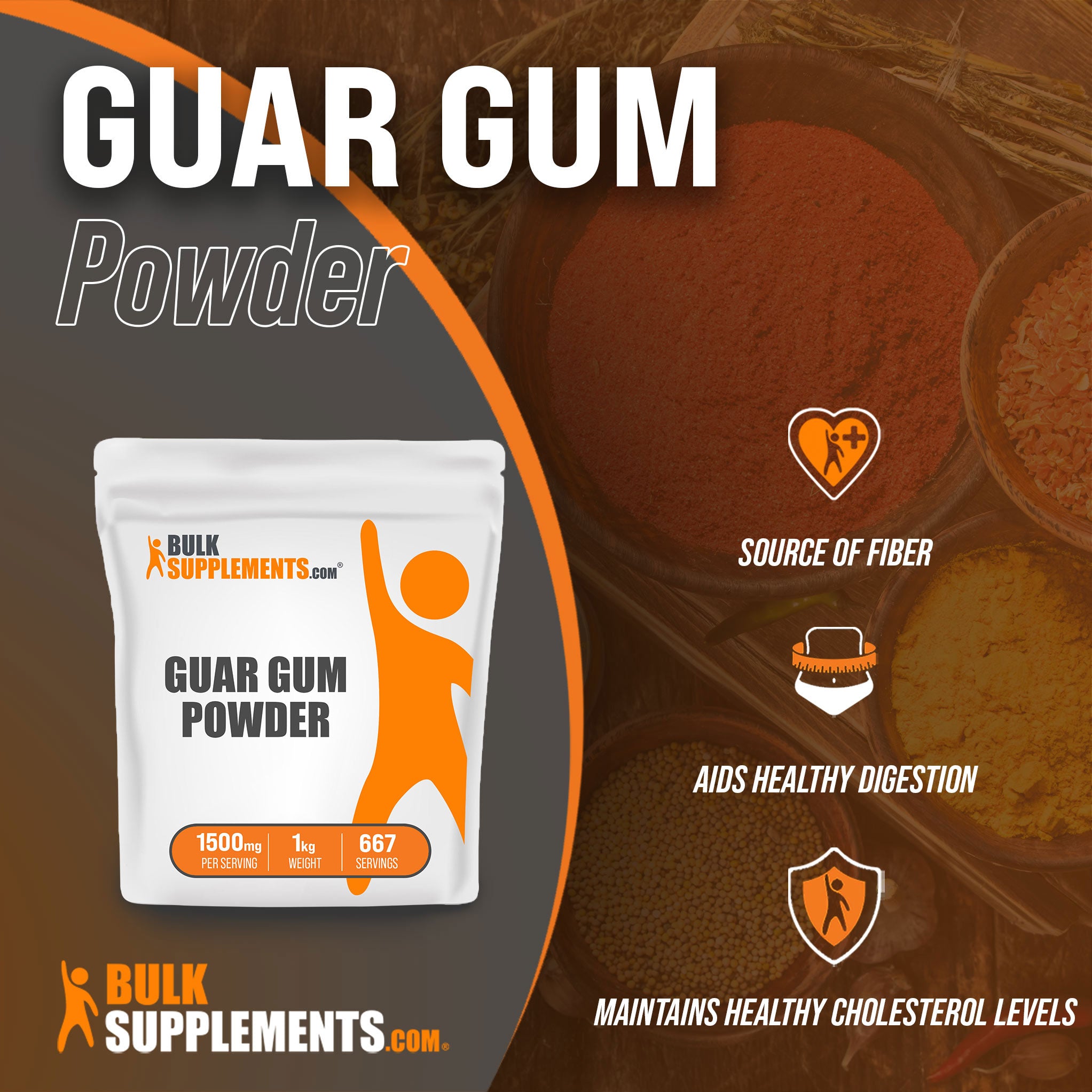 Benefits of Guar Gum Powder; source of fiber, aids healthy digestion, maintains healthy cholesterol levels