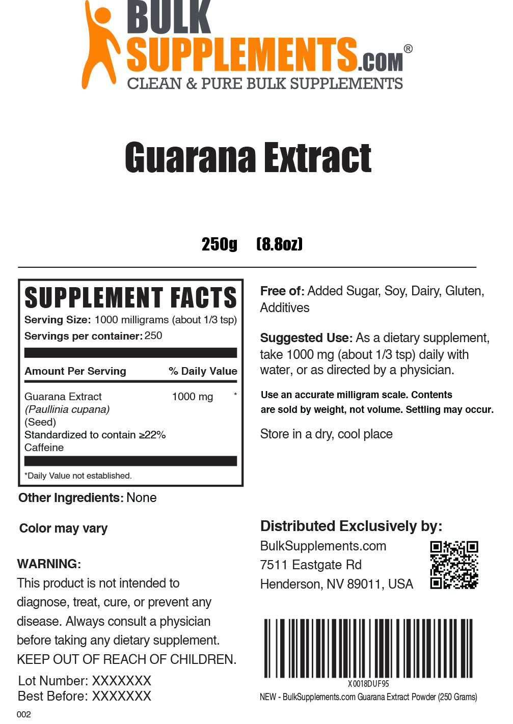 Guarana extract powder label 250g