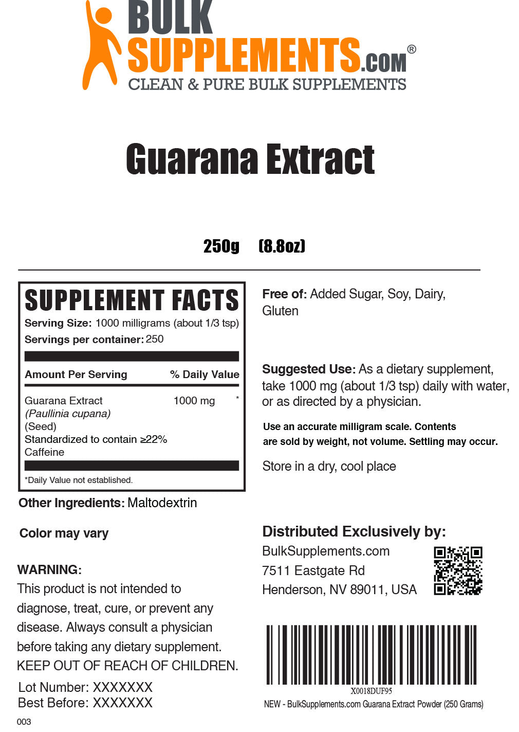 Guarana extract powder label 250g