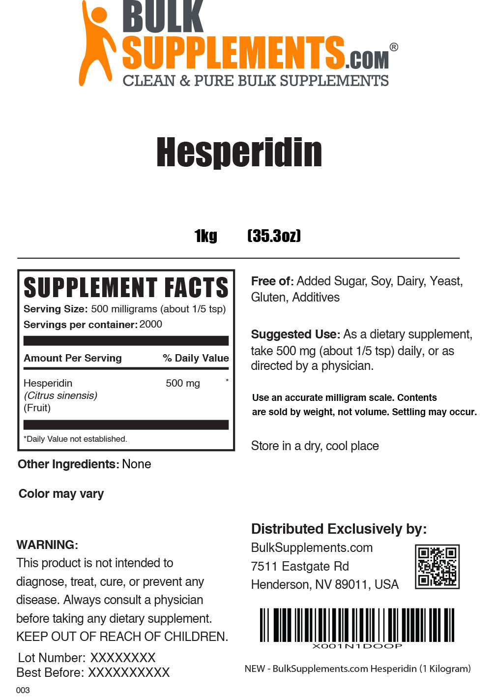 Supplement Facts Hesperidin Powder