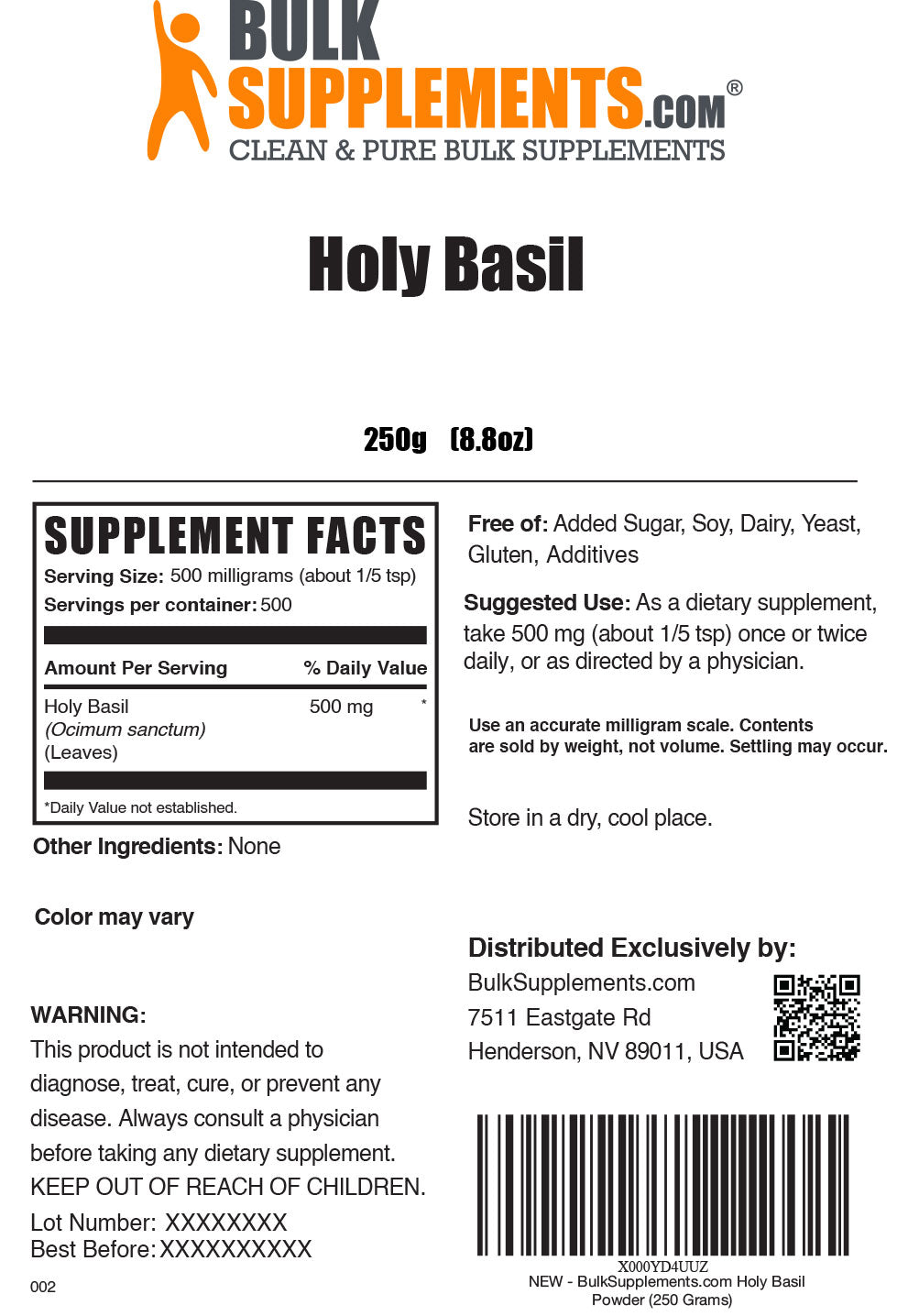 Supplement Facts Holy Basil Powder