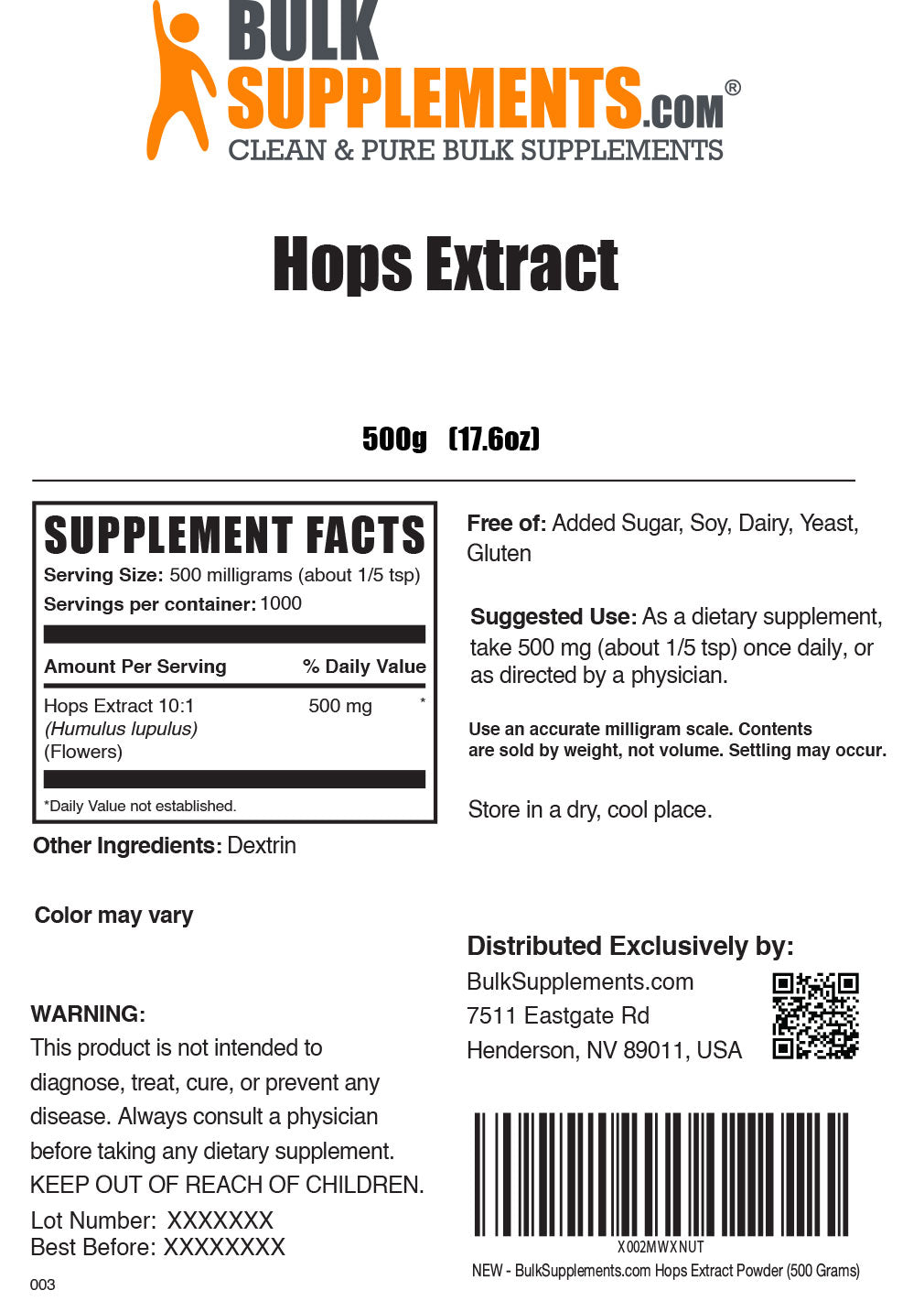 Hops Extract Supplement Facts