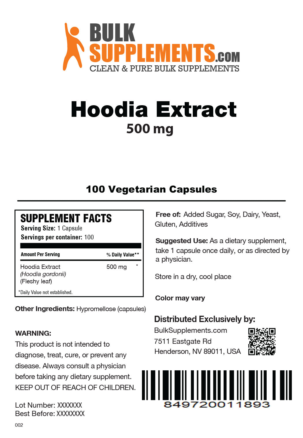 Supplement Facts Hoodia Extract 100 vegetarian capsules