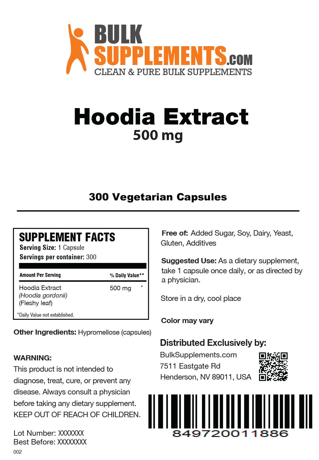Supplement Facts Hoodia Extract 300 vegetarian capsules