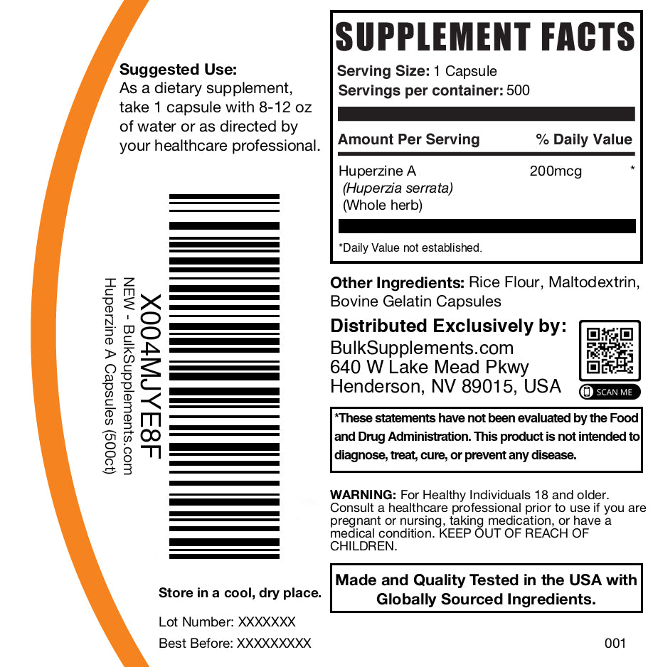 Huperzine A 200mcg 500 capsules label