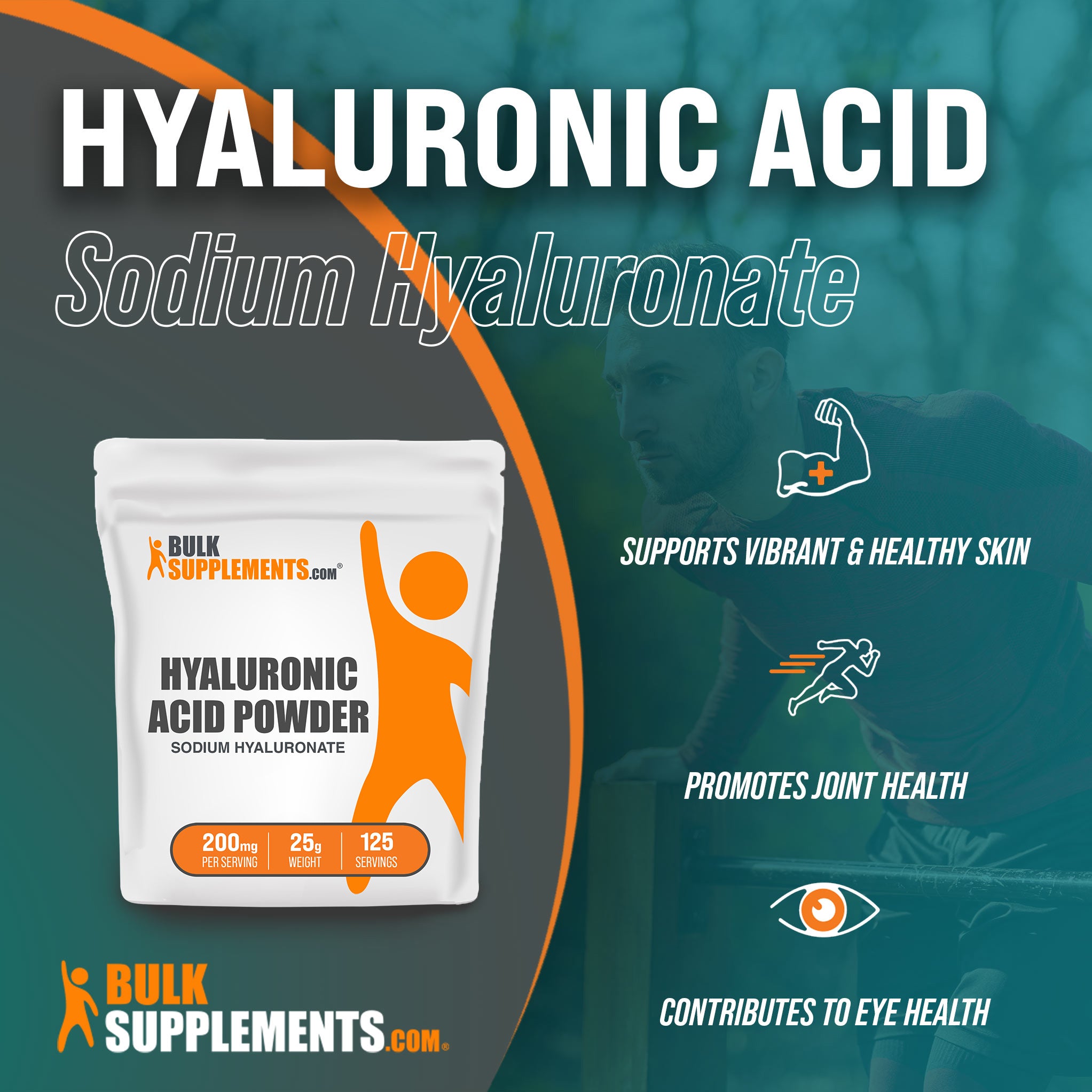 Benefits of Hyaluronic Acid: supports vibrant and healthy skin, promotes joint health, contributes to eye health