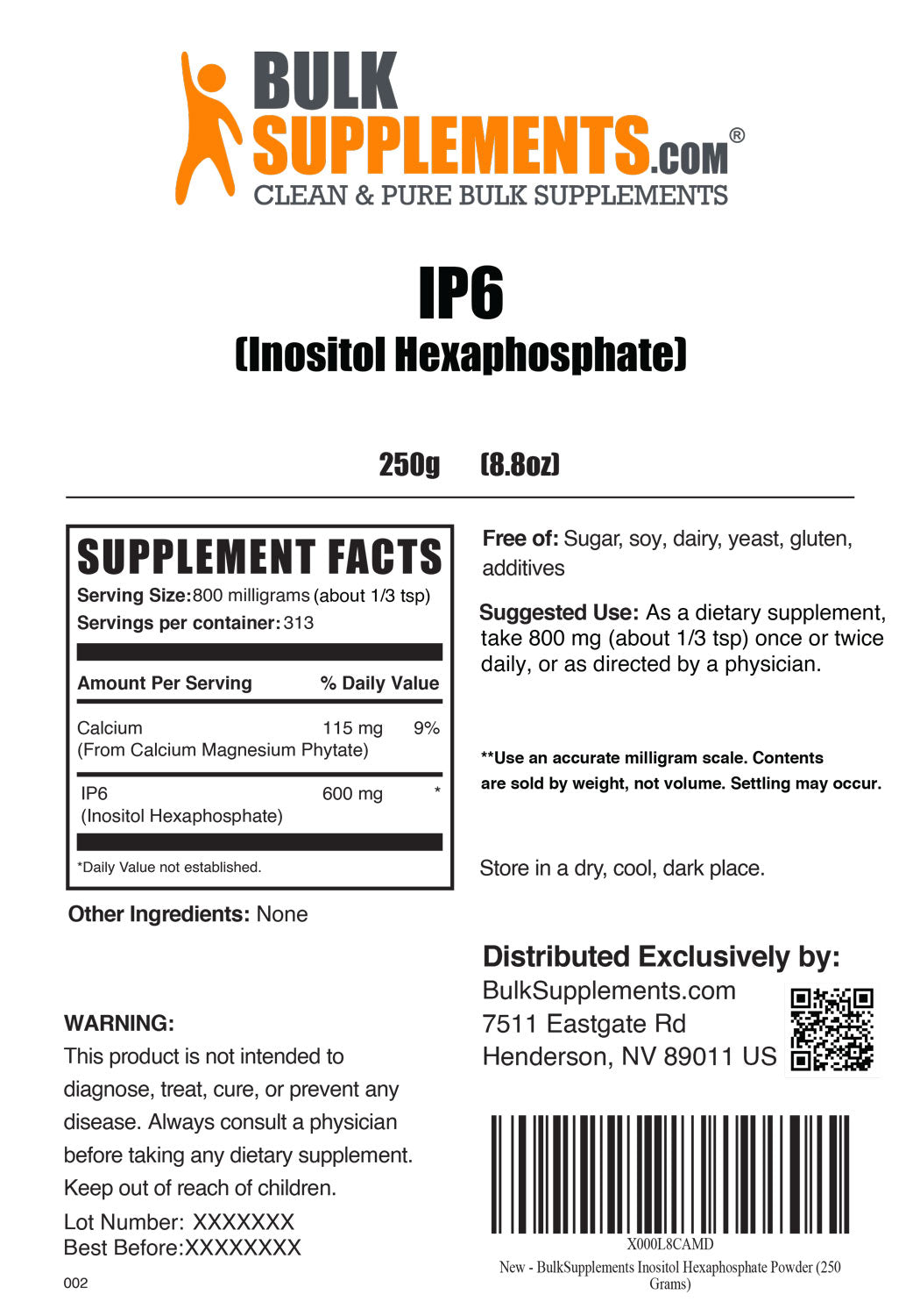 Supplement Facts IP6 Inositol Hexaphosphate