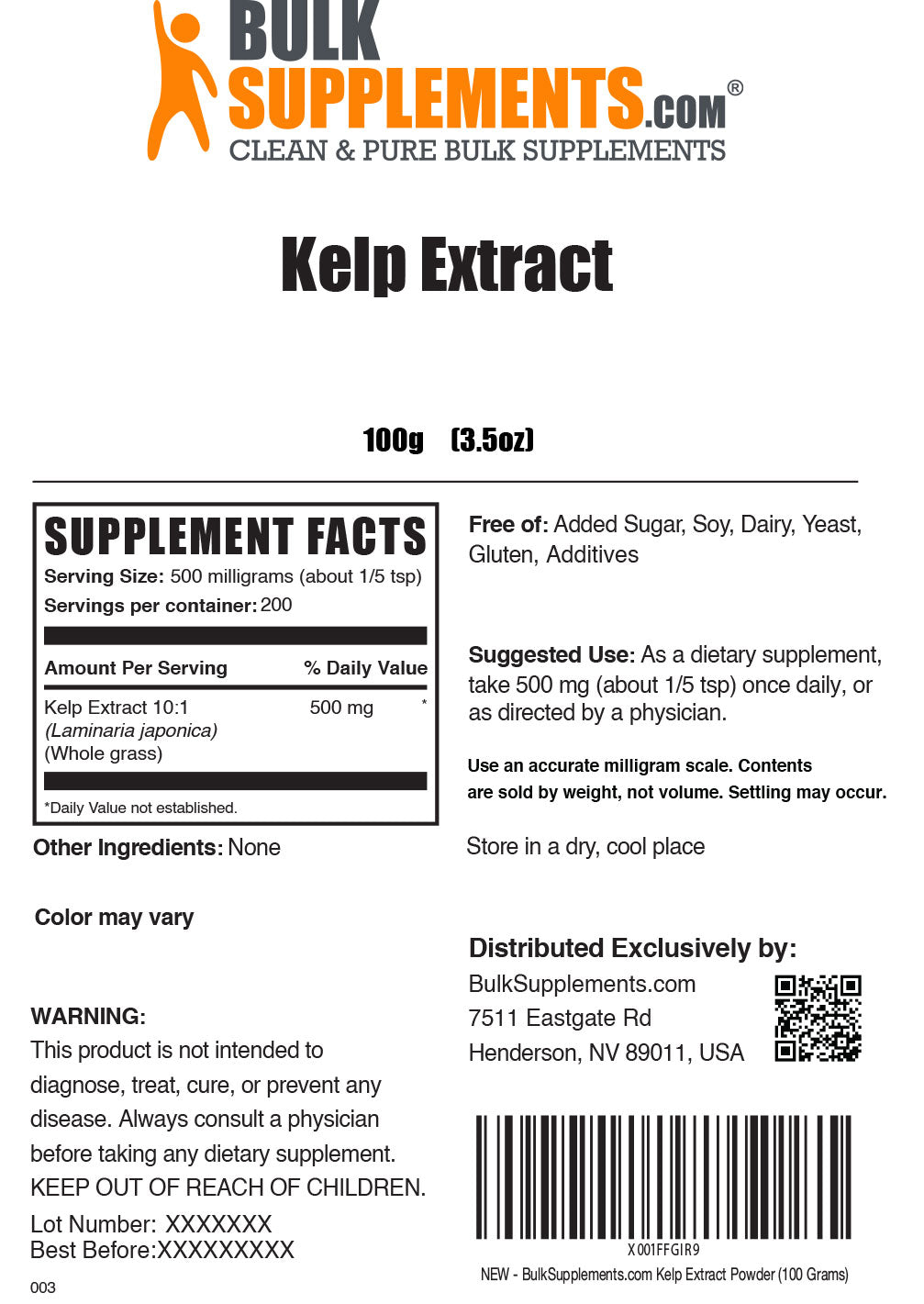 Supplement Facts Kelp Extract