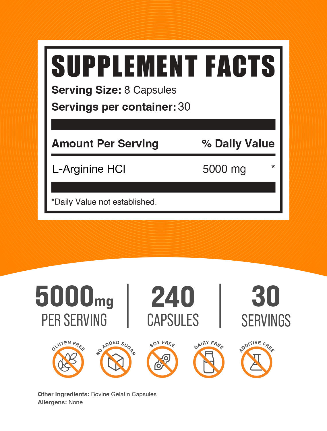 BulkSupplements L-Arginine HCl Capsules 5000mg 240ct Supplement Facts