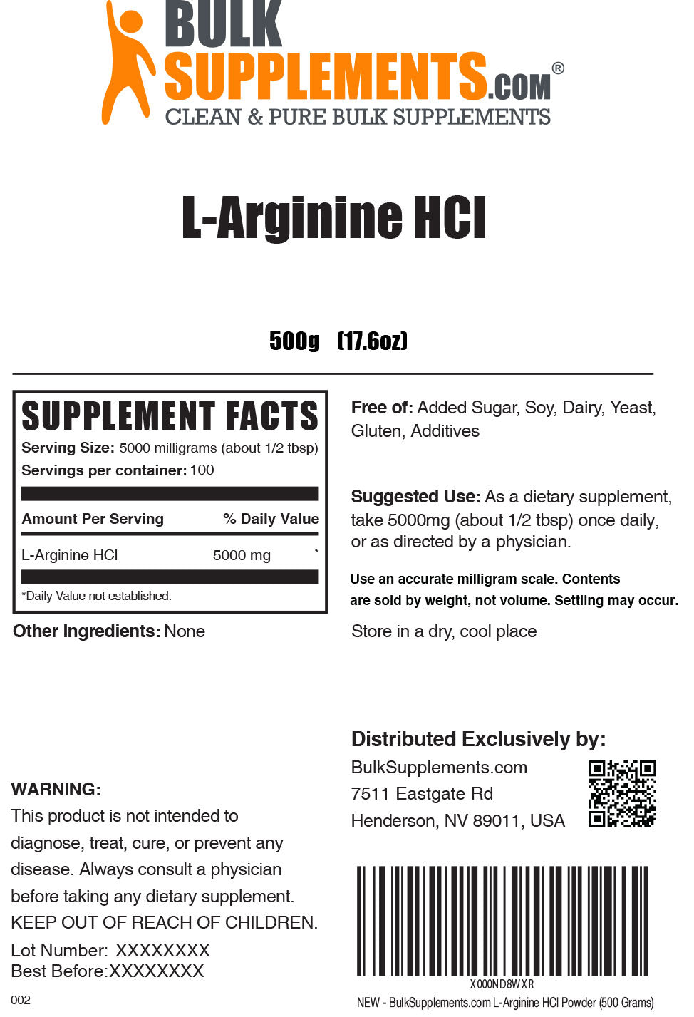 L-Arginine HCl powder label 500g