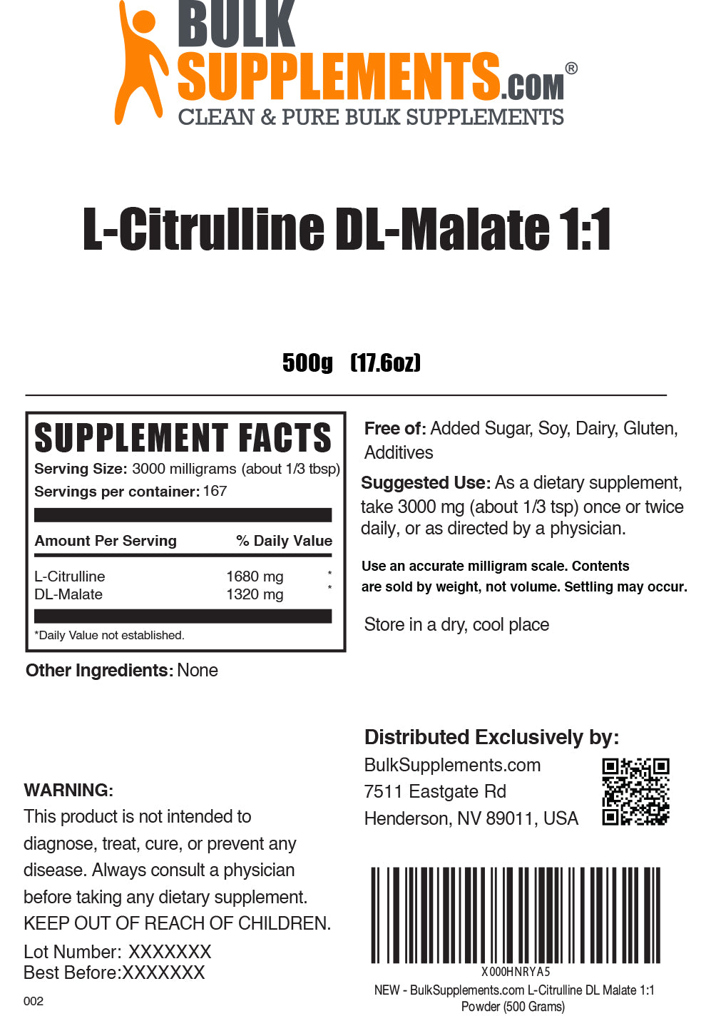L-Citrulline powder label 500g