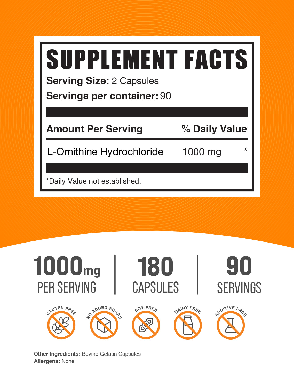 BulkSupplements L-Ornithine HCl Capsules 1000mg 180ct Supplement Facts