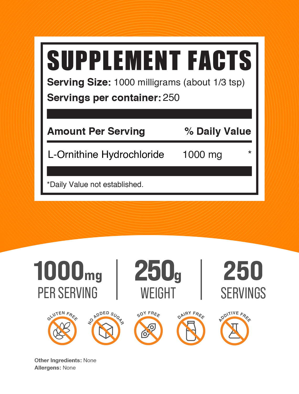 BulkSupplements L-Ornithine HCl Powder 250g Supplement Facts