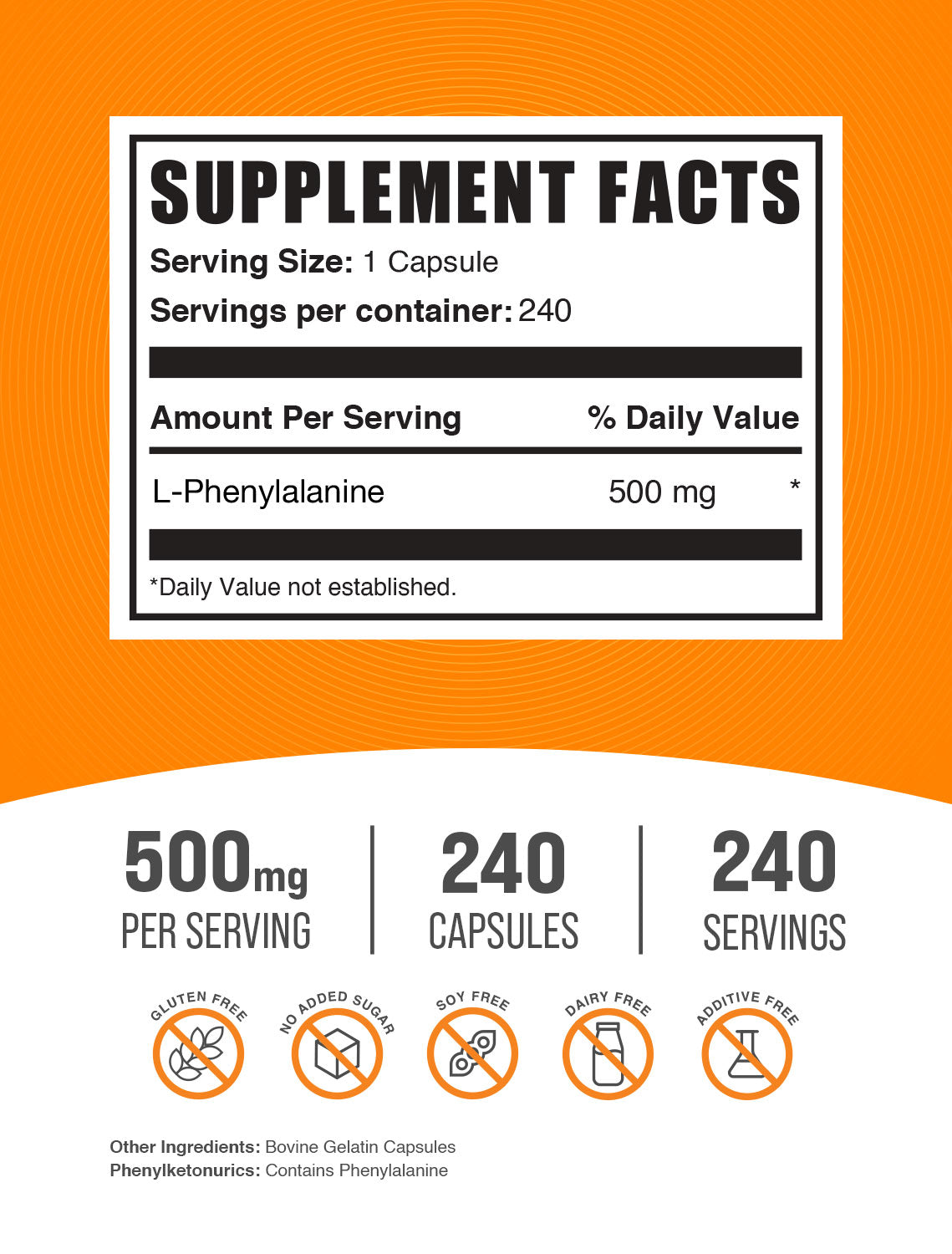 L-Phenylalanine 240ct capsules label 
