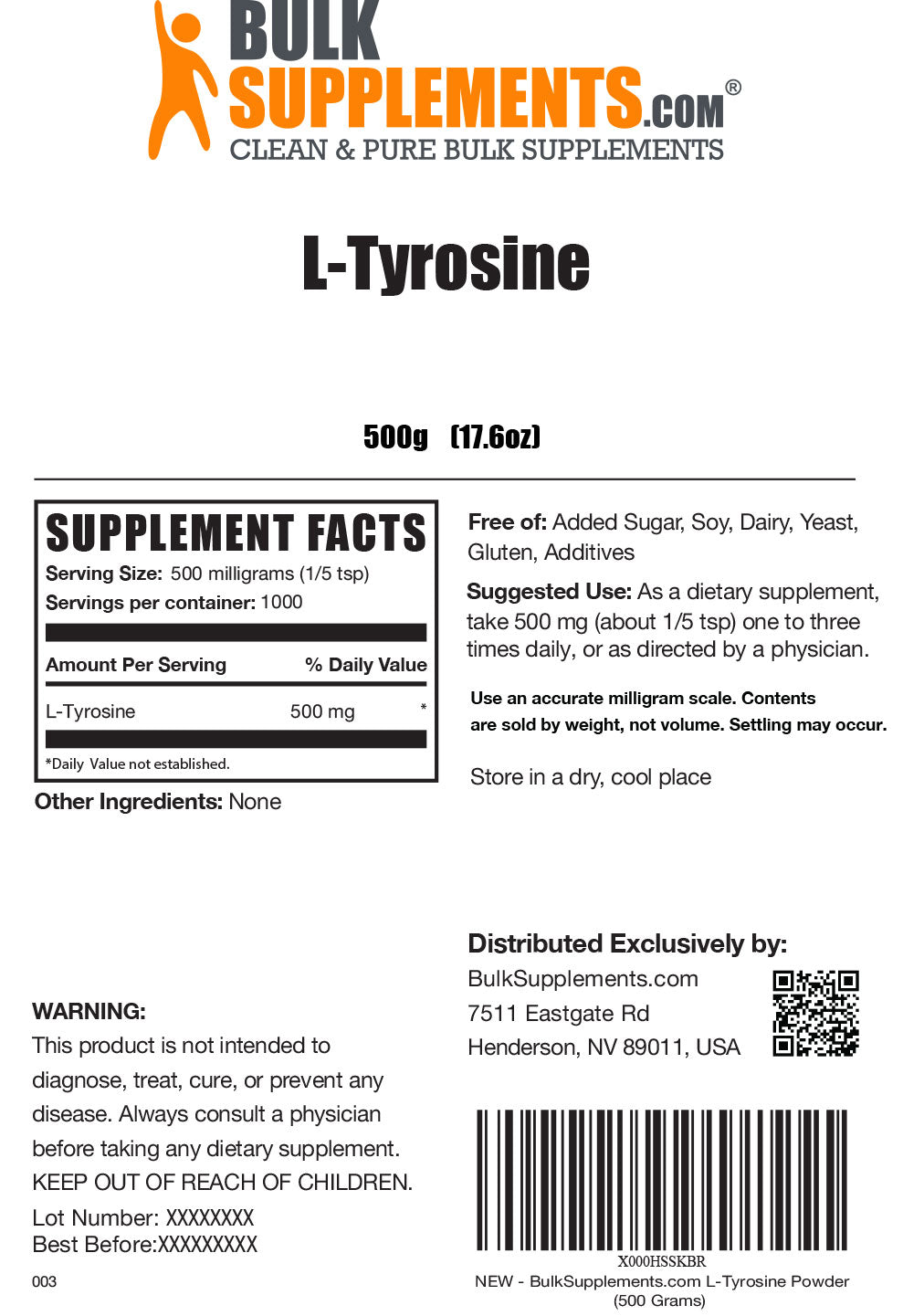 L-Tyrosine powder label 500g
