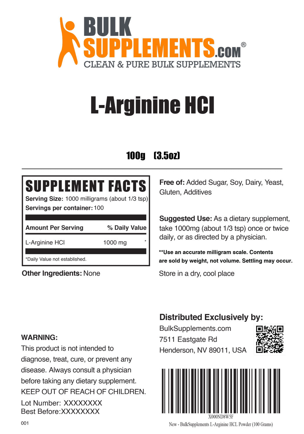 Supplement Facts L-Arginine HCl