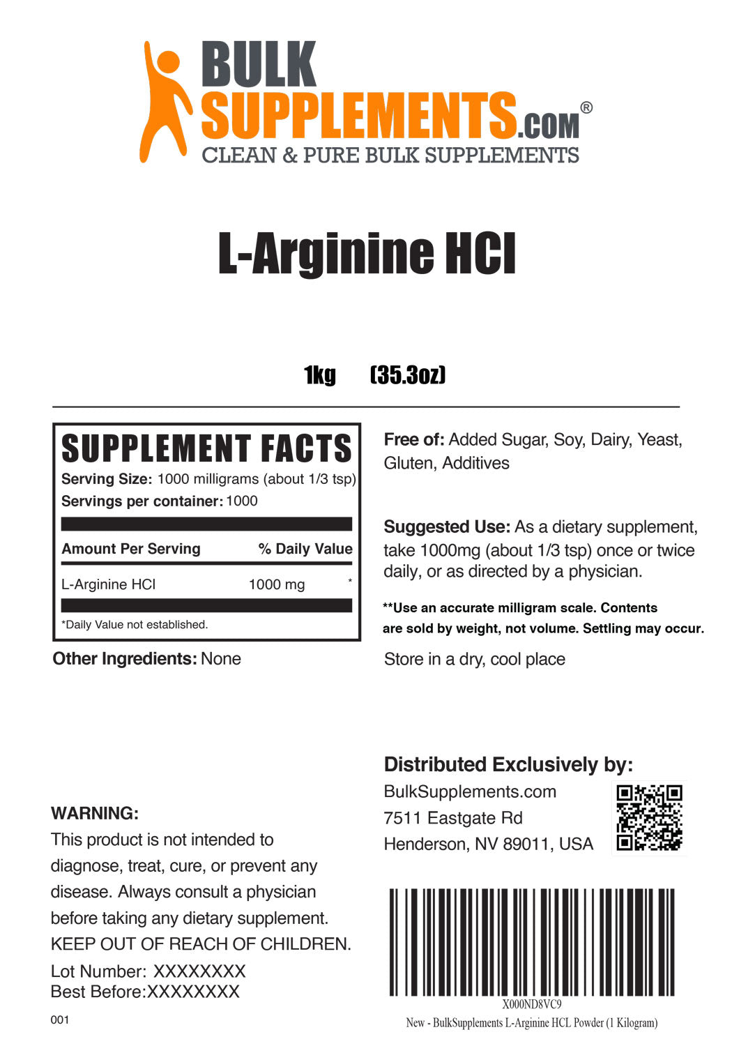 Supplement Facts L-Arginine HCl