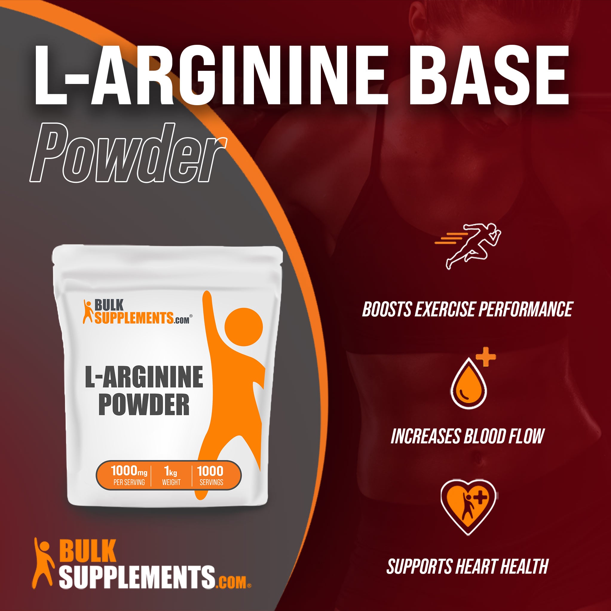Benefits of L-Arginine Base: boosts exercise performance, increases blood flow, supports heart health