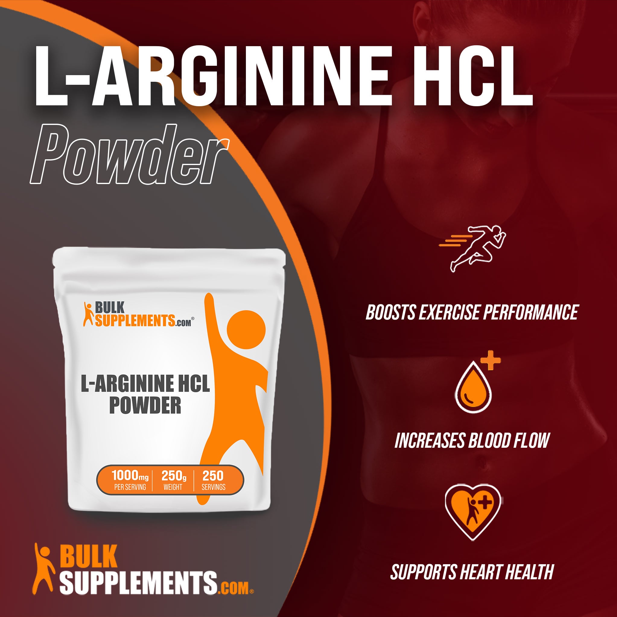 Benefits of L-Arginine HCl: boosts exercise performance, increases blood flow, supports heart health