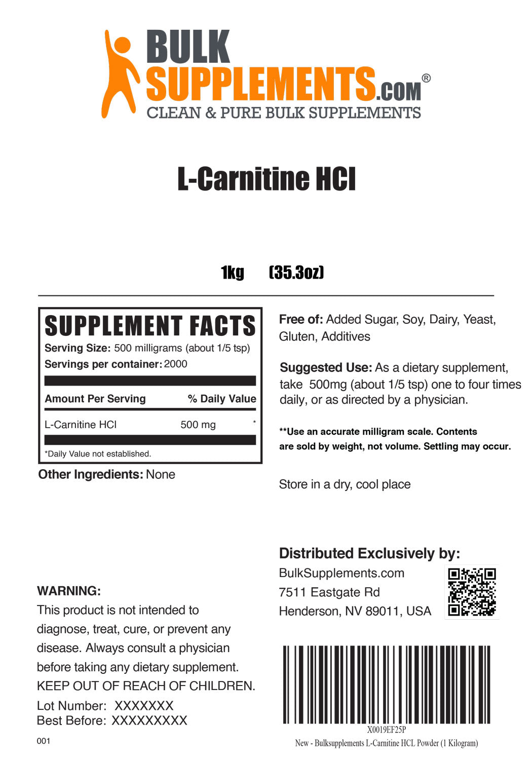 Supplement Facts L-Carnitine HCl