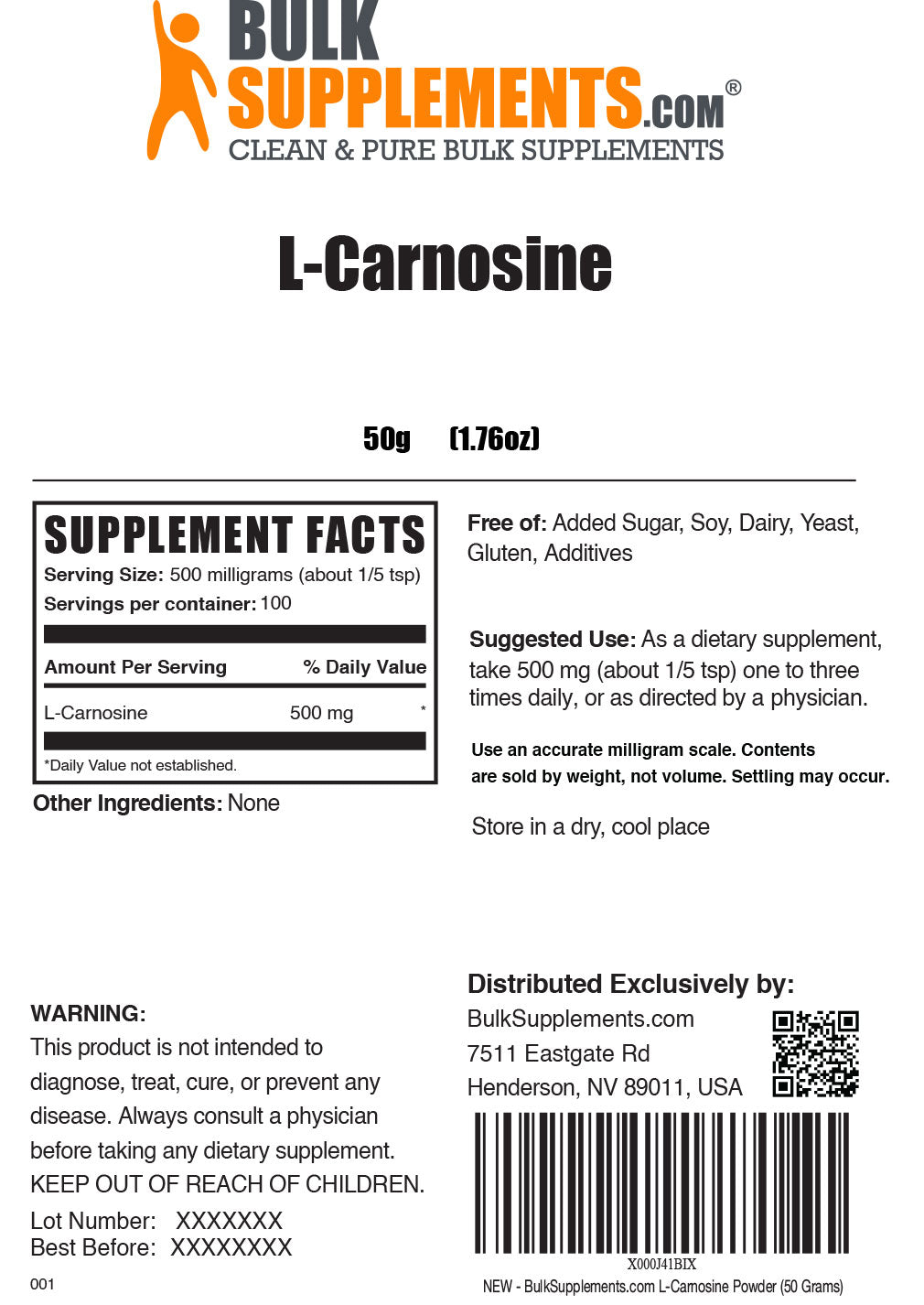 L-Carnosine powder label 50g