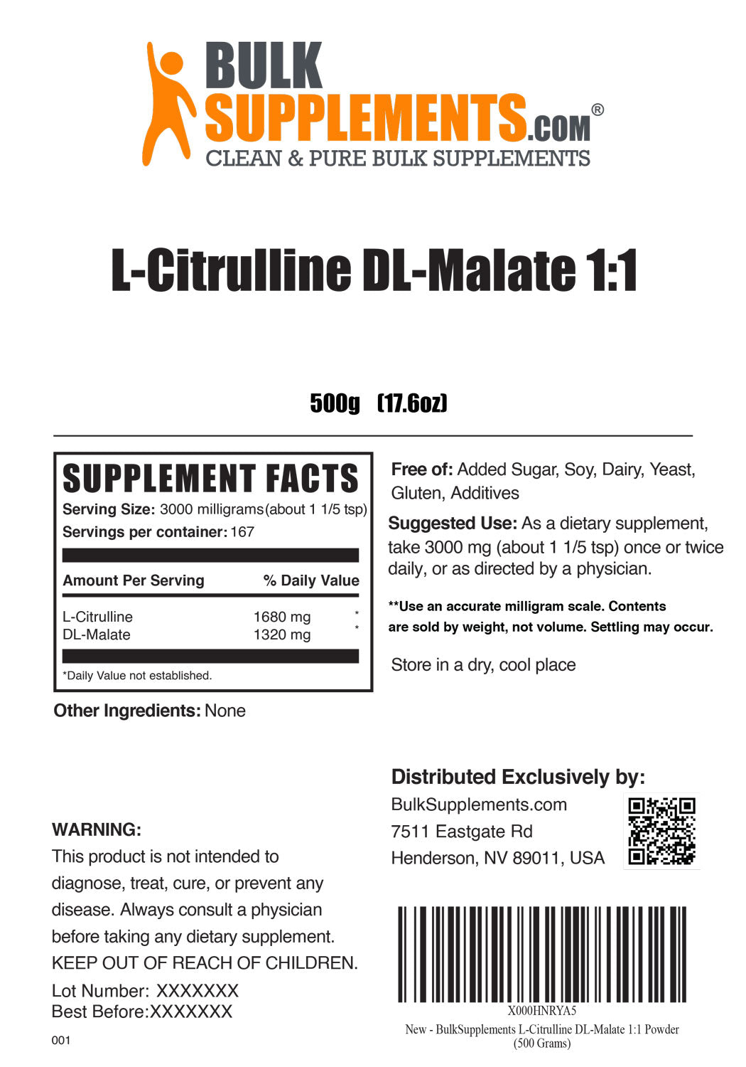 L-Citrulline DL-Malate 1:1 Supplement Facts for 500g bag