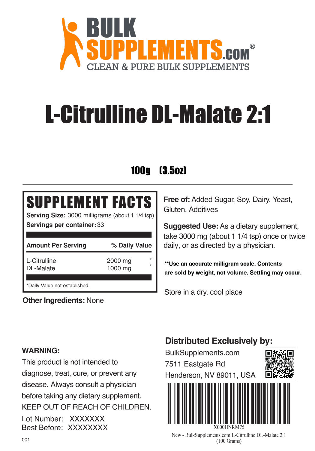 L-Citrulline DL-Malate 2:1 Supplement Facts for 100g bag
