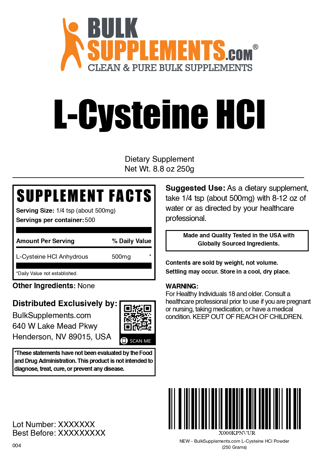 L-Cysteine HCI Powder 250g Label