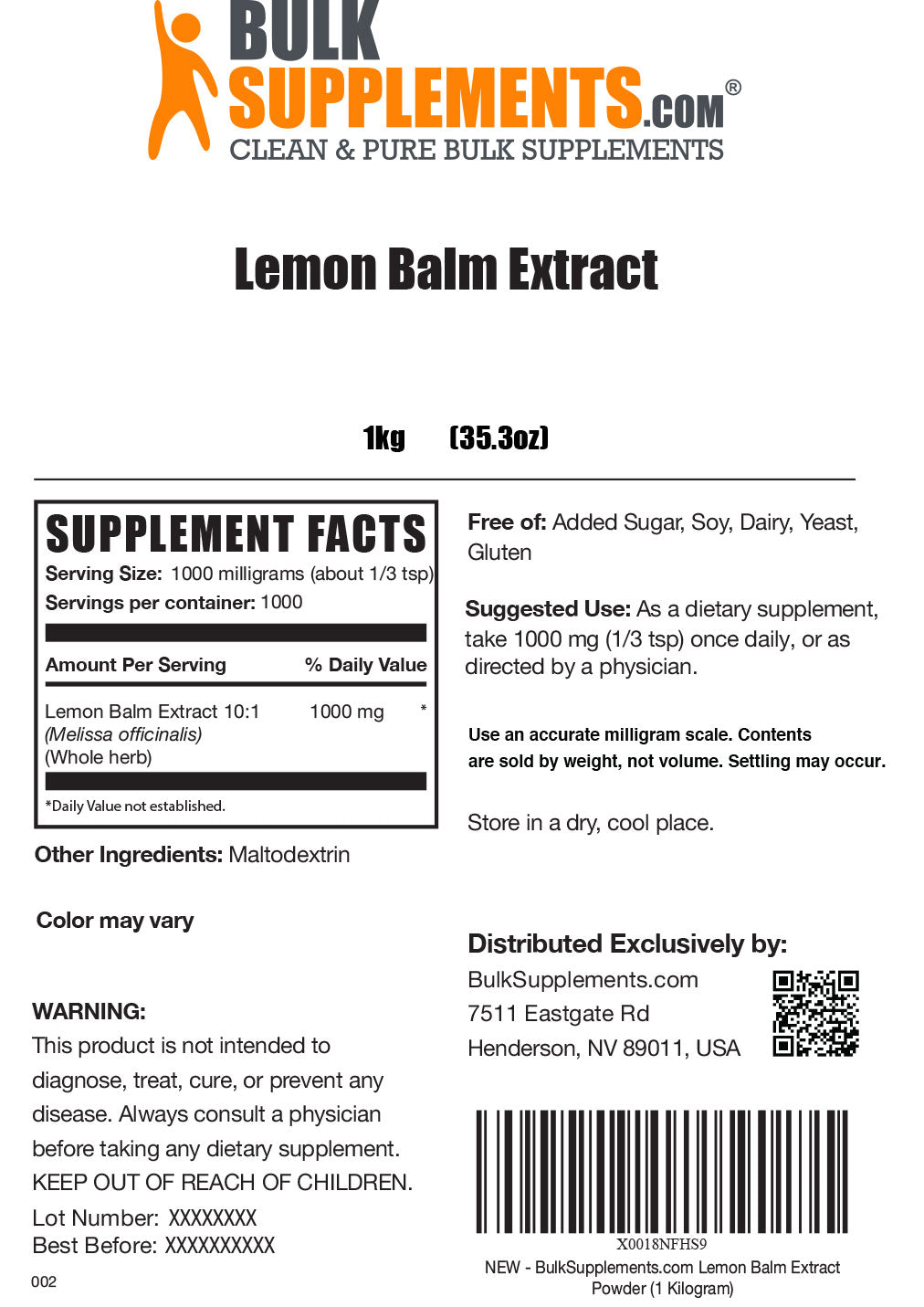 Supplement Facts Lemon Balm Extract