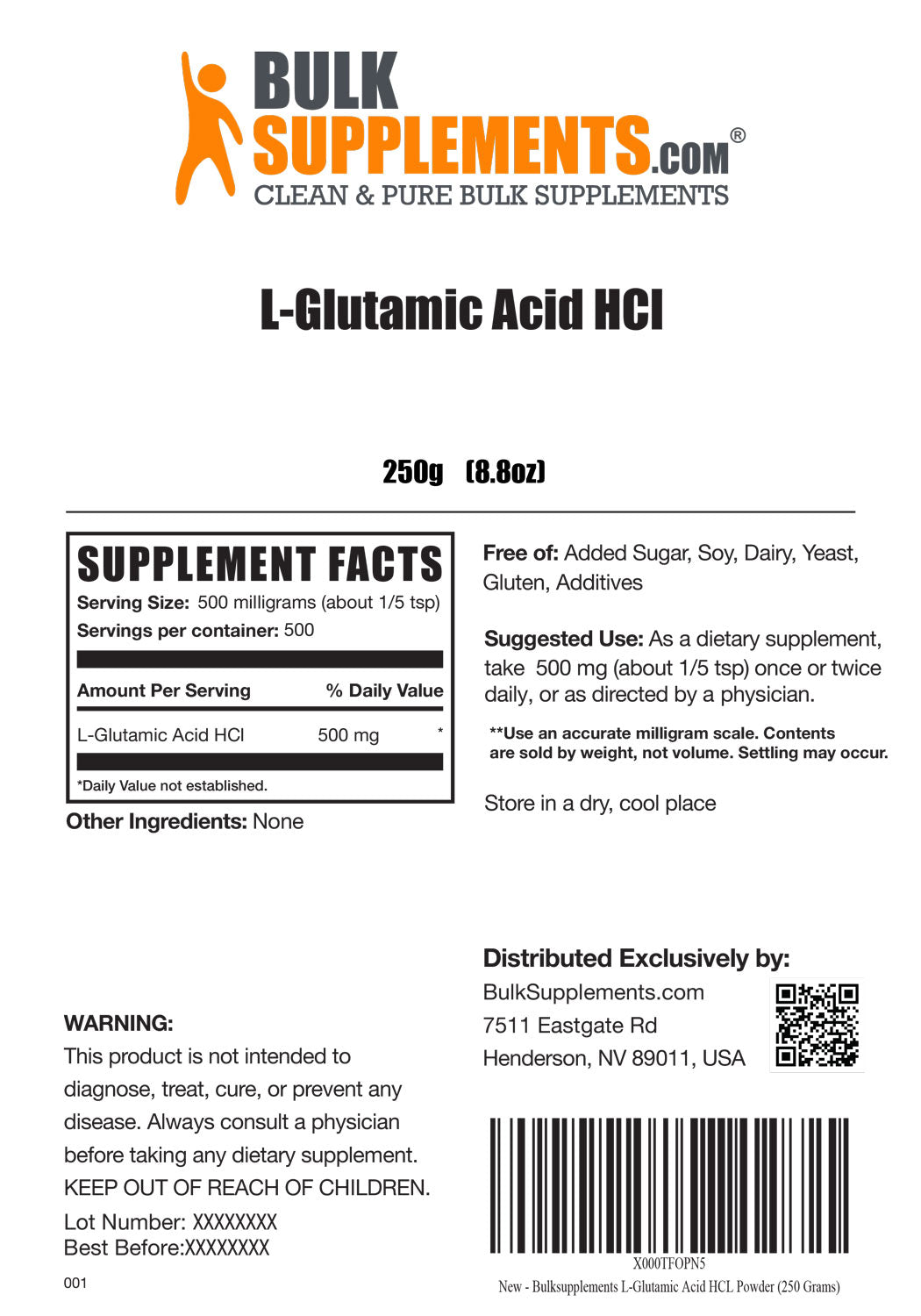 Supplement Facts L-Glutamic Acid HCl