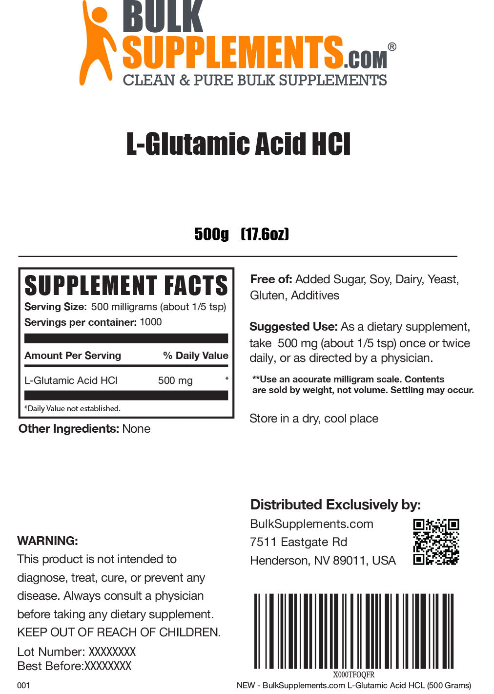 Supplement Facts L-Glutamic Acid HCl