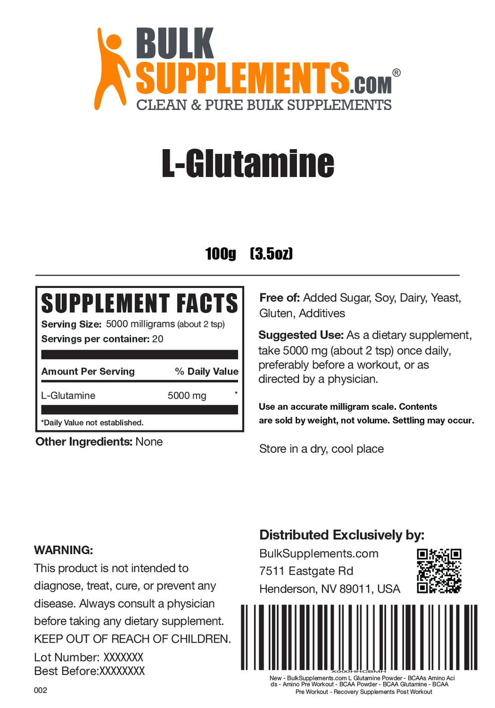 L-Glutamine Powder - Exercise Recovery & Improved Athletic Endurance - L-Glutamine Supplements For Exercise And Gut Health