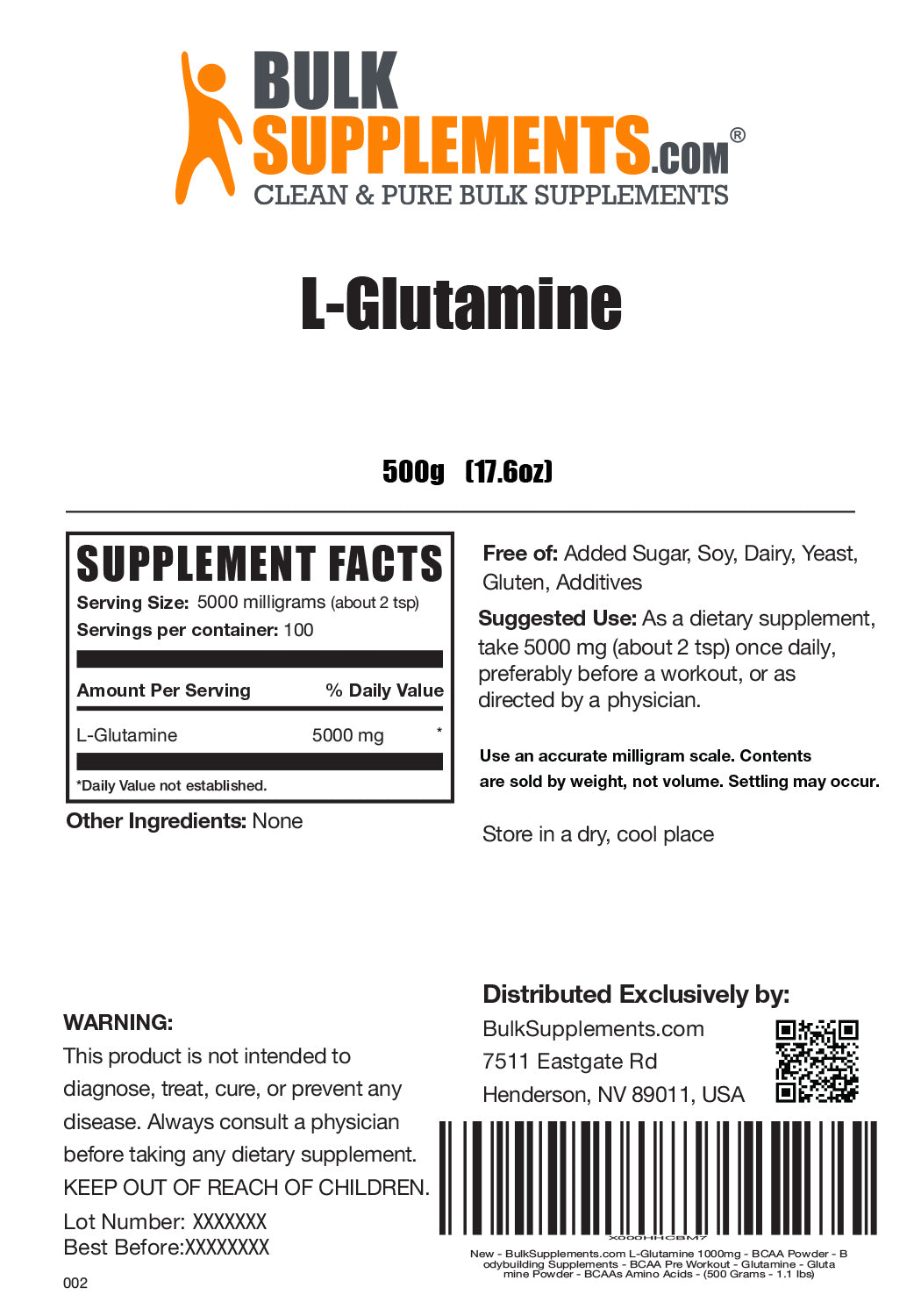  Nutricost L-Glutamine Powder (500 Grams) Unflavored - Gluten  Free & Non-GMO, 100 Servings : Health & Household