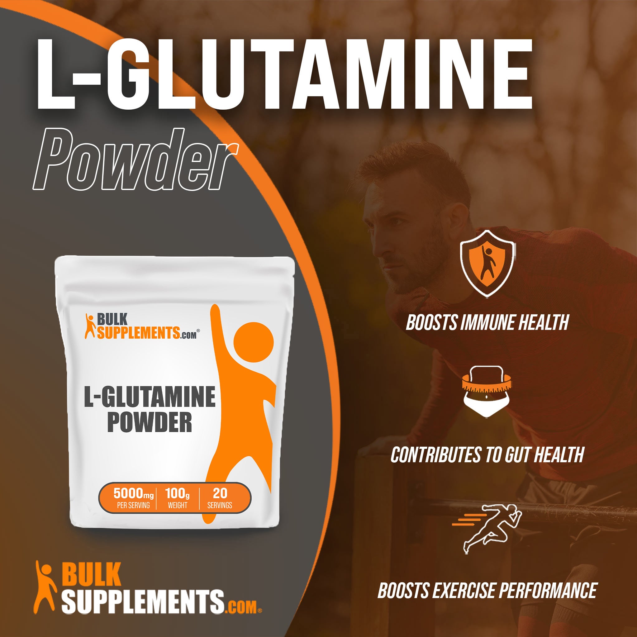 Benefits of L-Glutamine: boosts immune health, contributes to gut health, boosts exercise performance