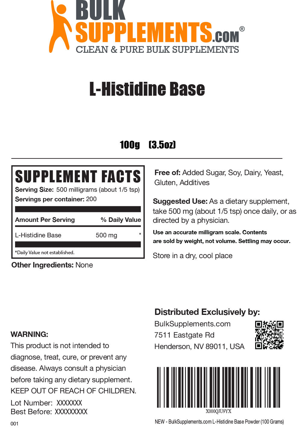 Supplement Facts L-Histidine Base