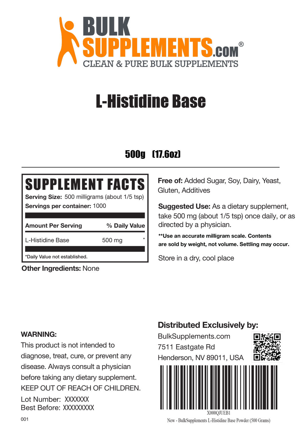 Supplement Facts L-Histidine Base
