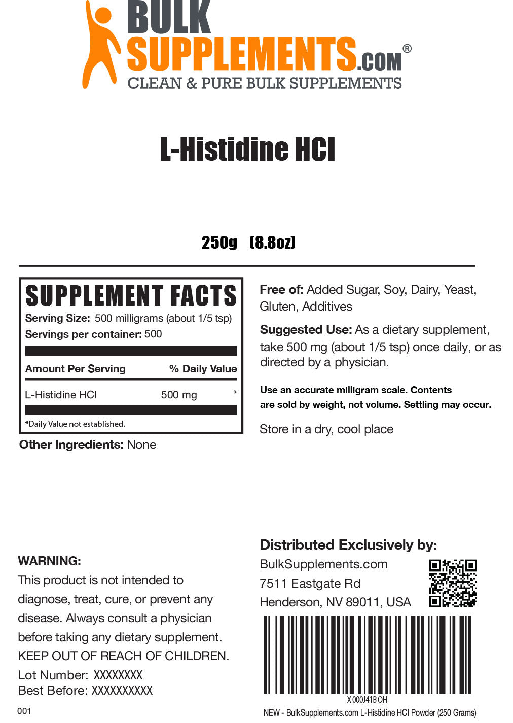 Supplement Facts L-Histidine HCl