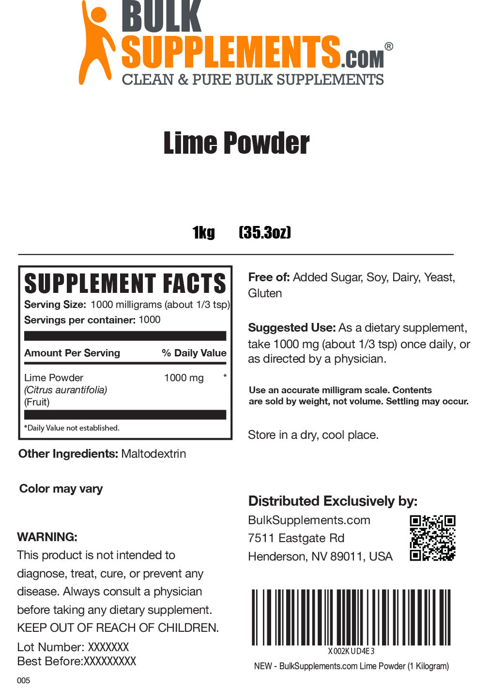 Supplement Facts Lime Powder