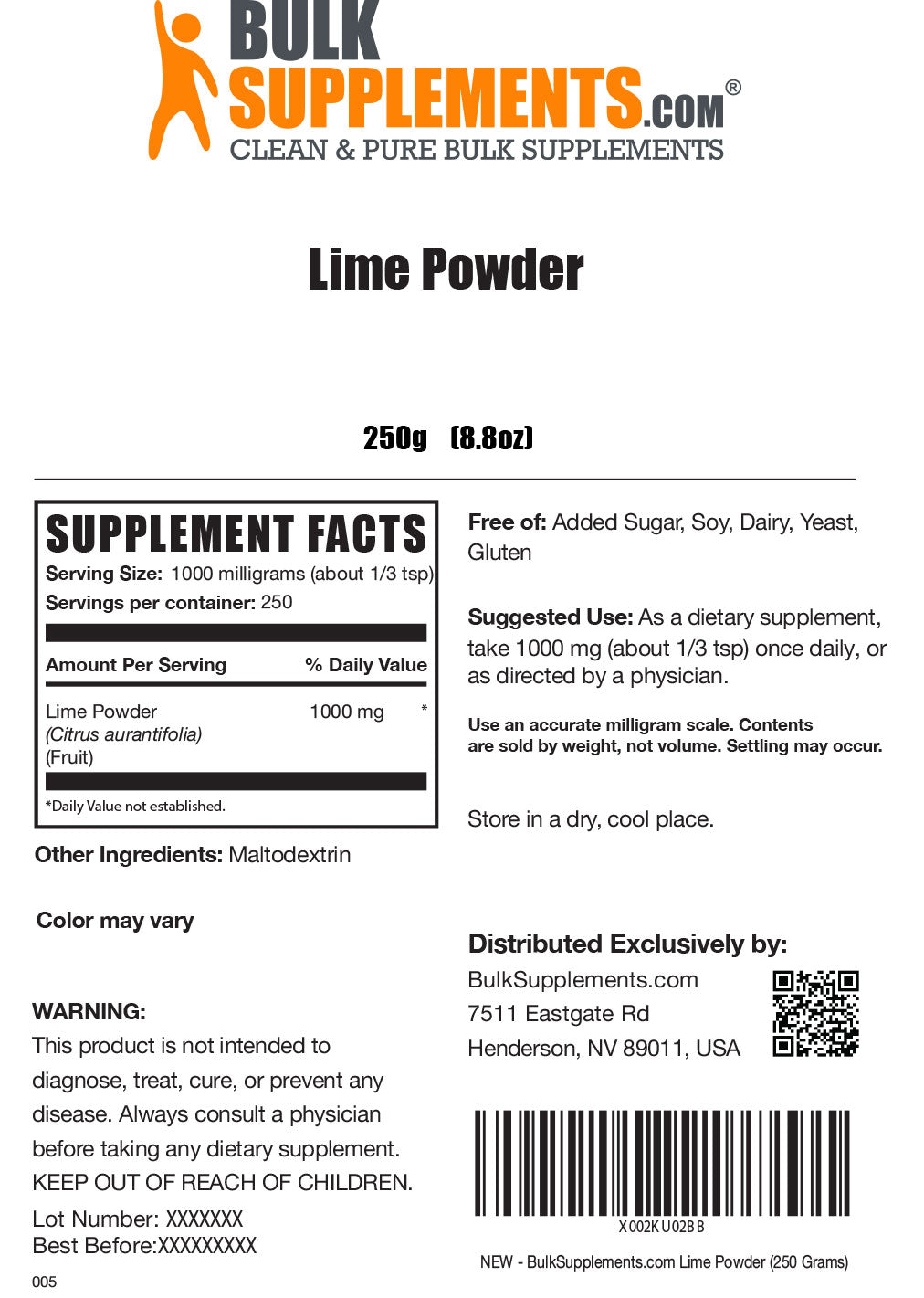 Supplement Facts Lime Powder