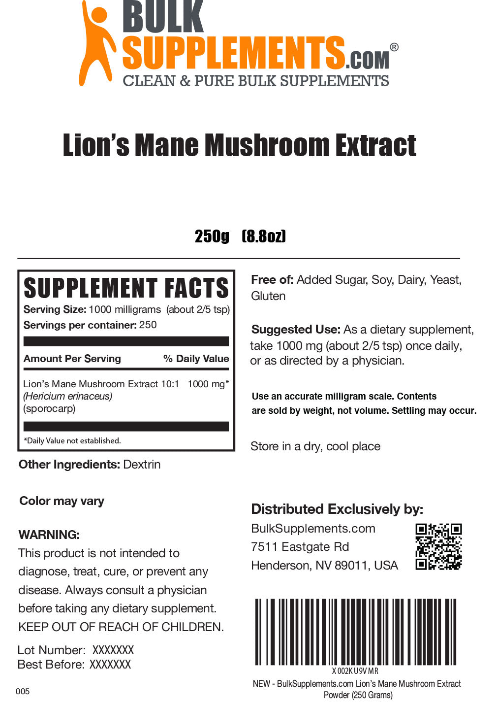Supplement Facts Lion's Mane Mushroom