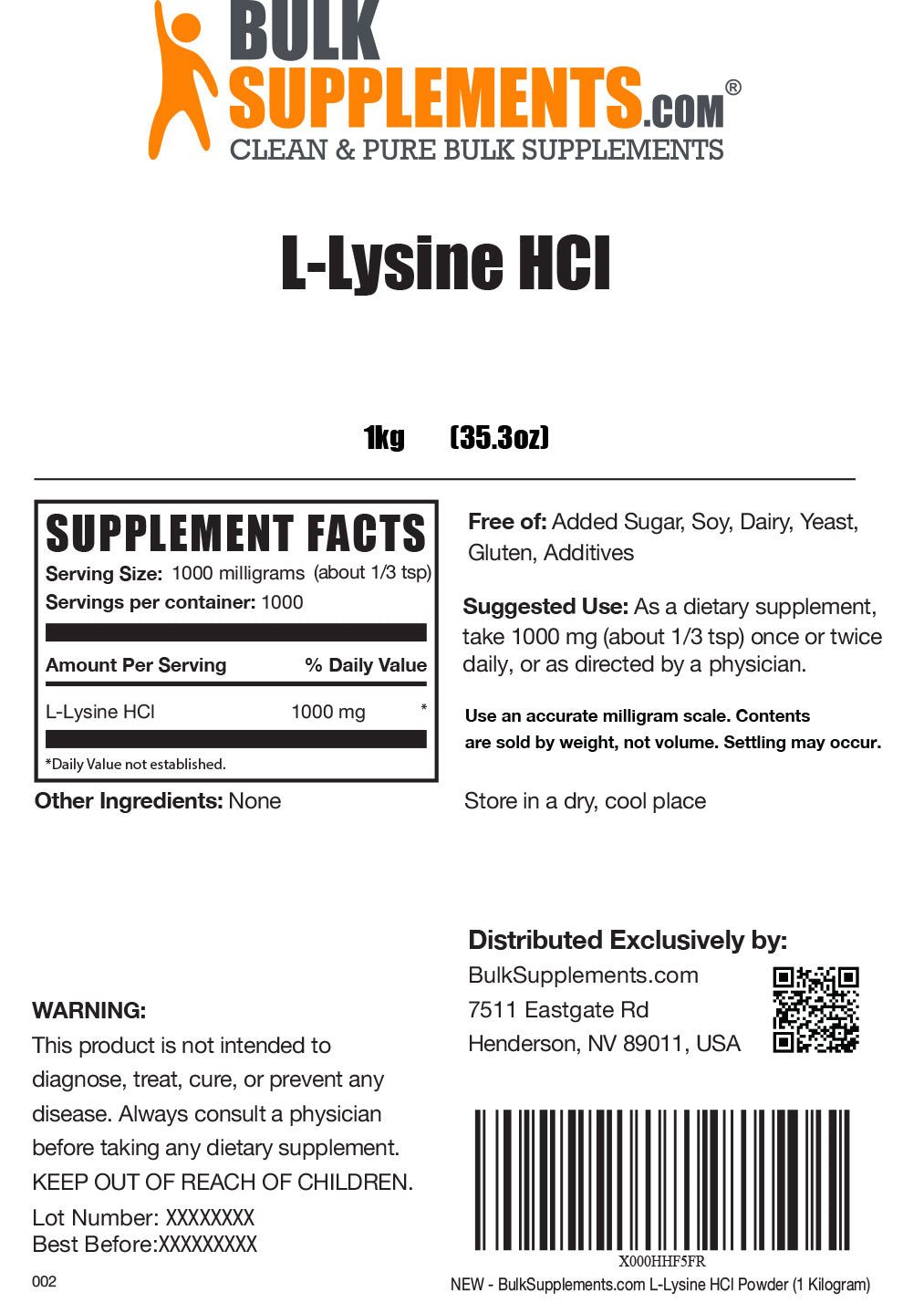 Supplement Facts L-Lysine HCl