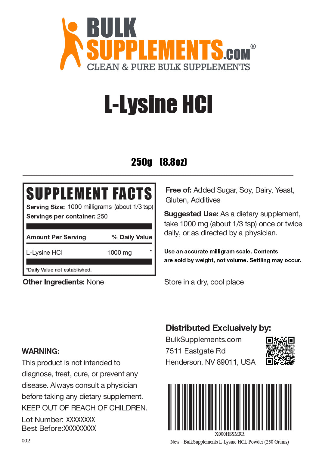 Supplement Facts L-Lysine HCl