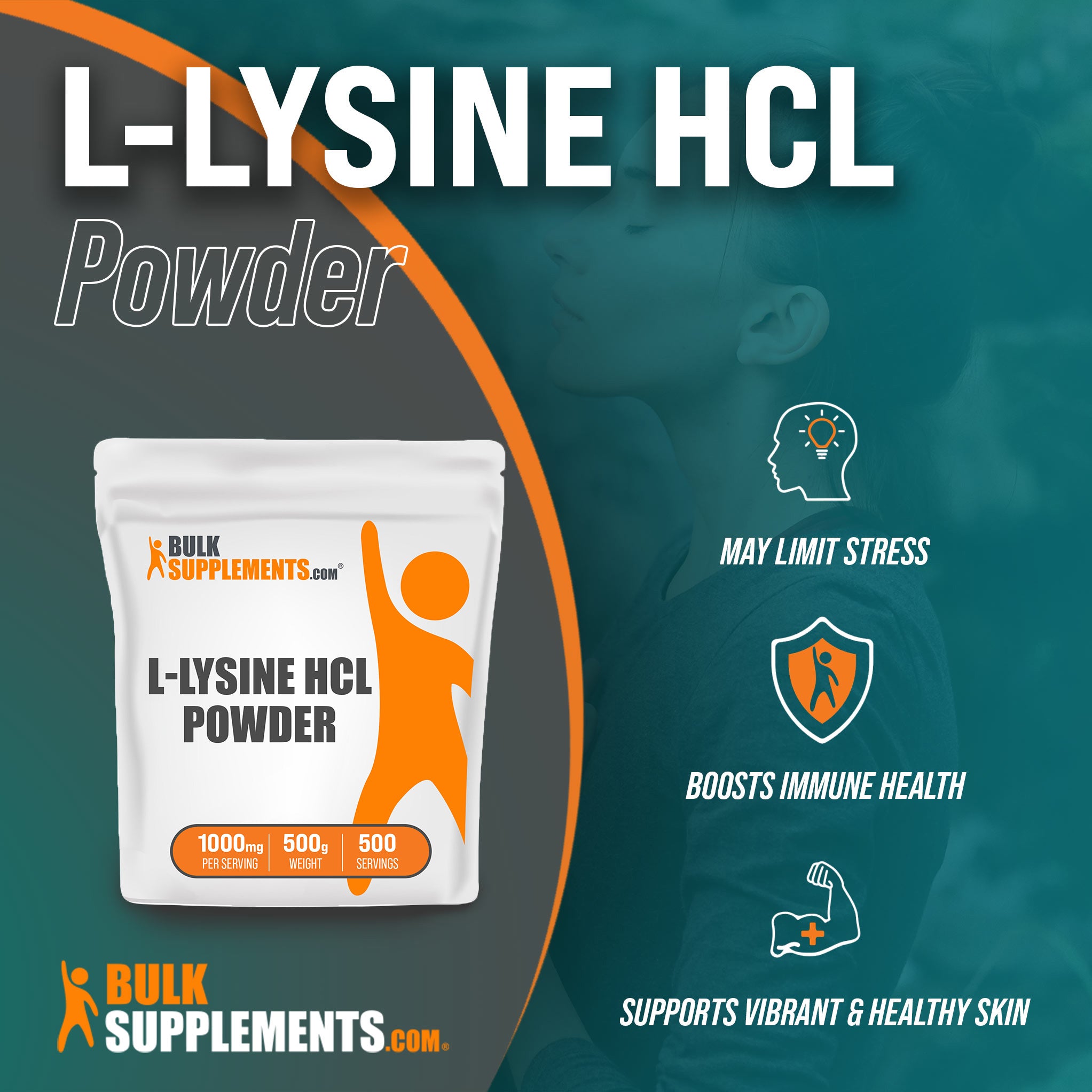 Benefits of L-Lysine HCl: may limit stress, boosts immune health, supports vibrant and healthy skin