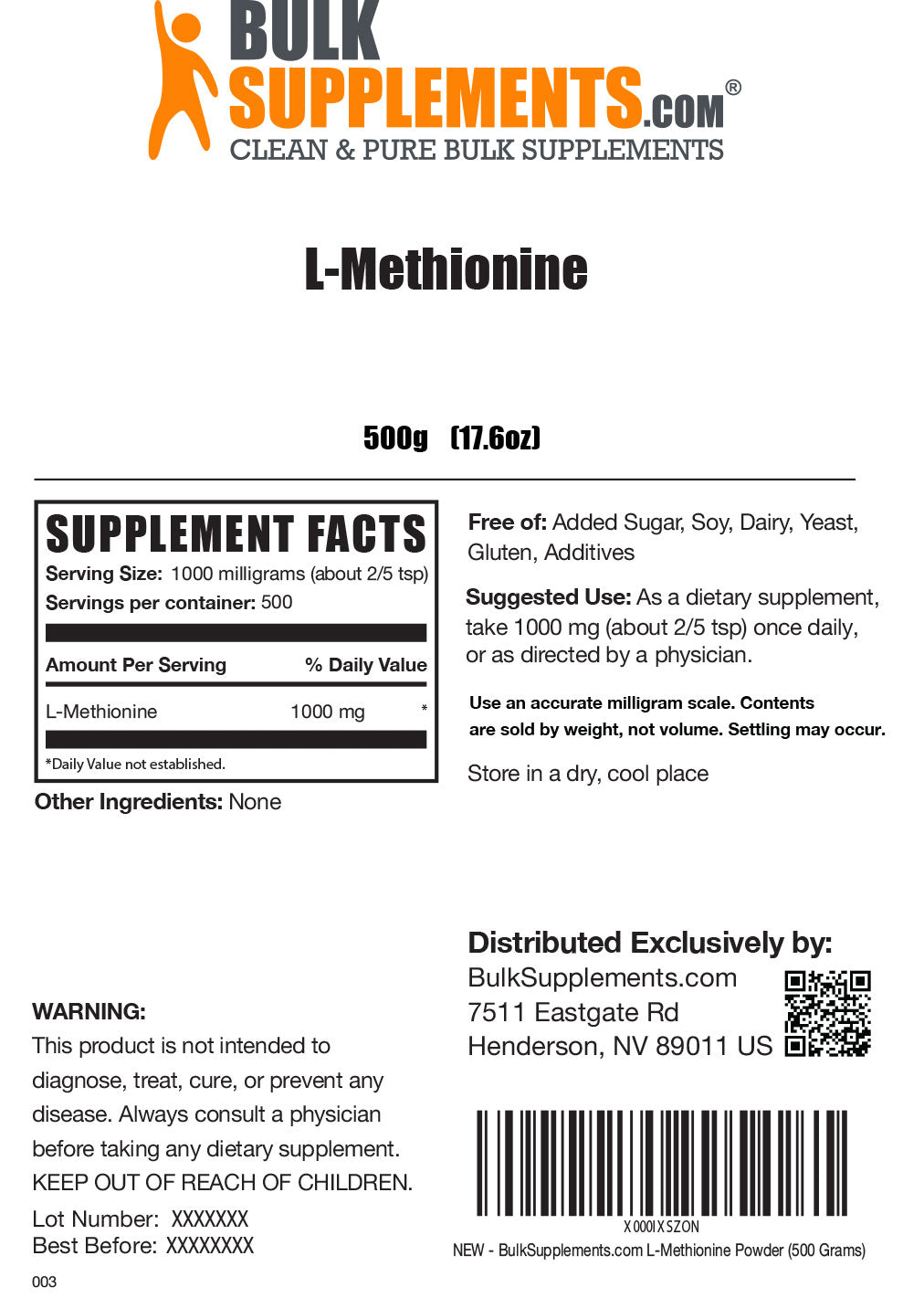 Supplement Facts L-Methionine Powder
