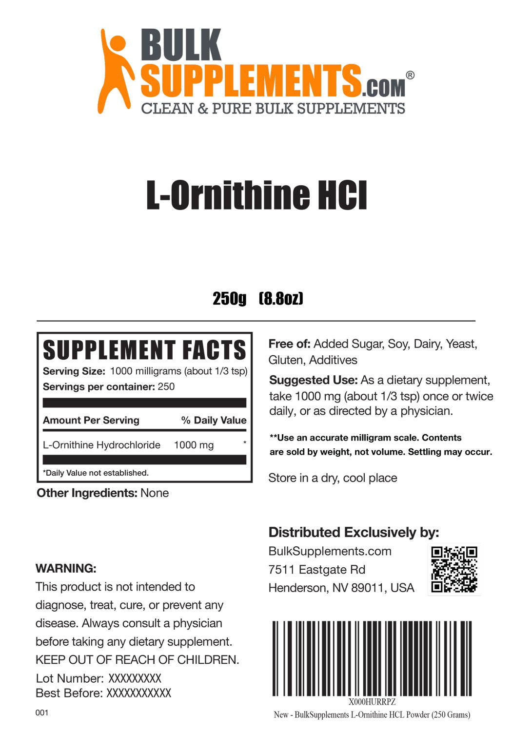 BulkSupplements.com L-Ornithine HCl powder label 250g