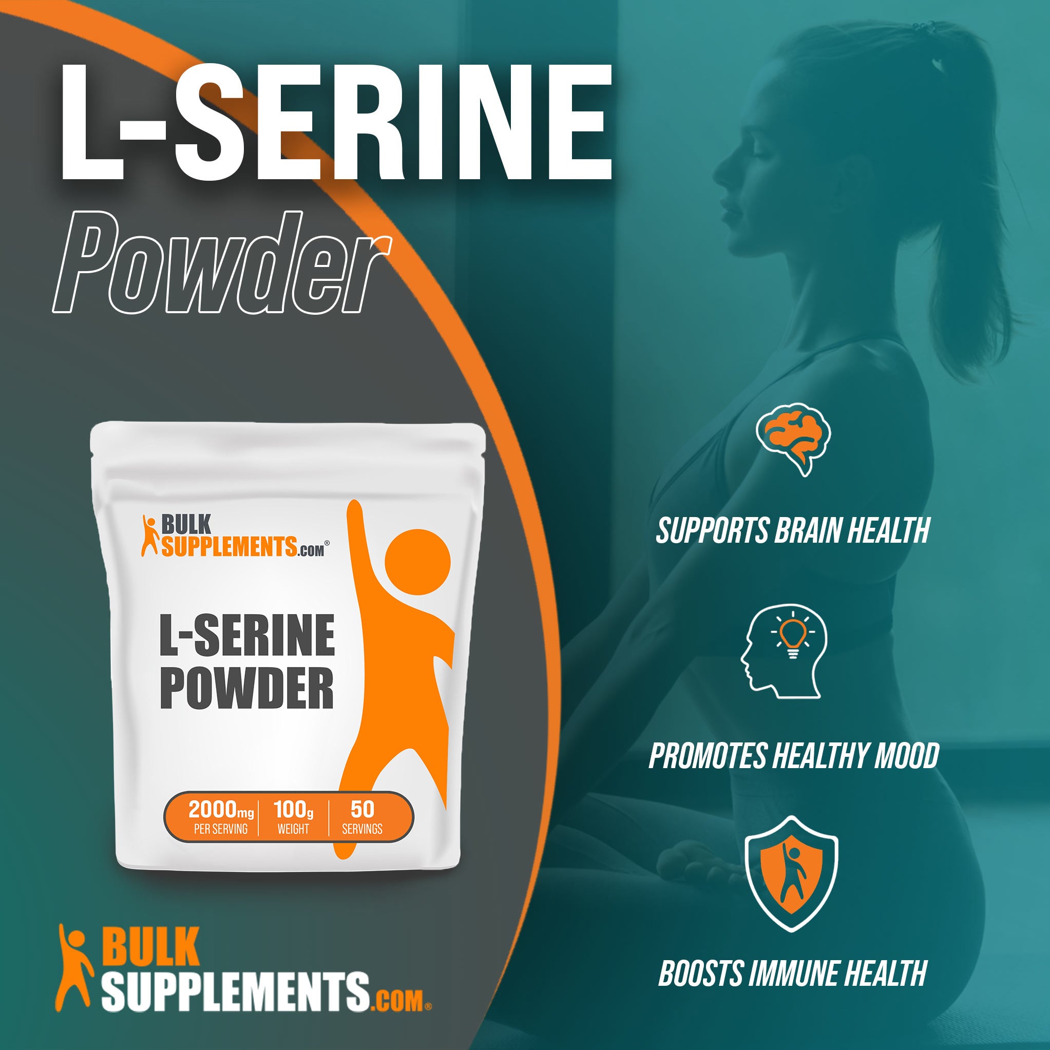 Benefits of L-Serine: supports brain health, promotes healthy mood, boosts immune health