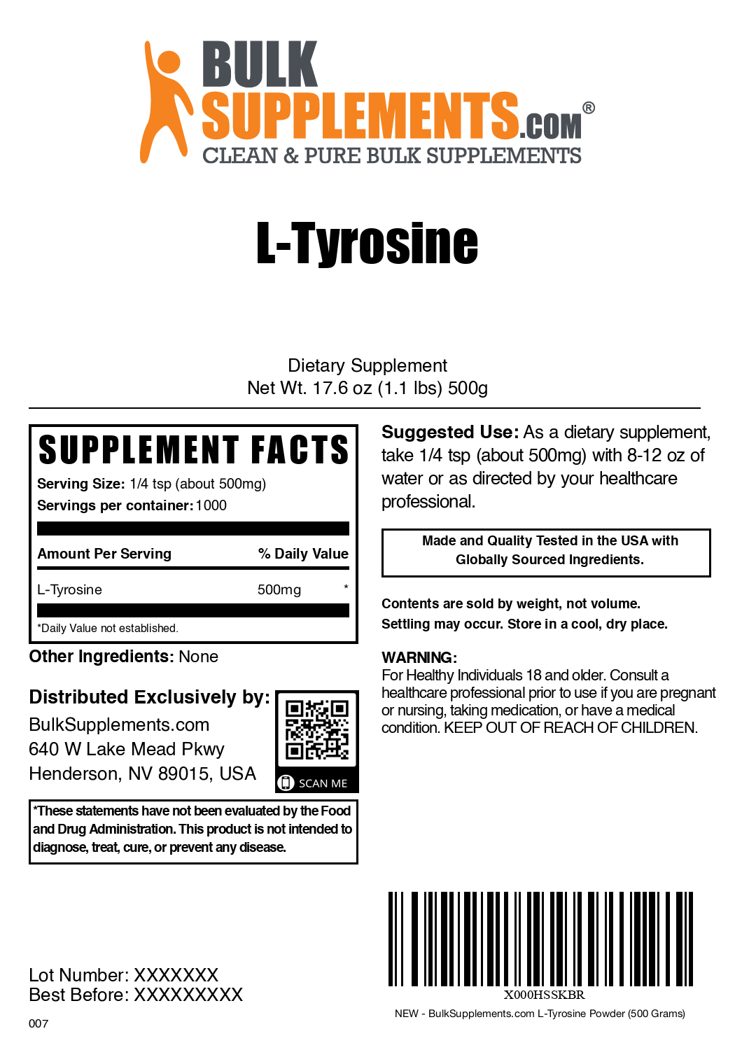 L-Tyrosine Powder 500g Bag Label